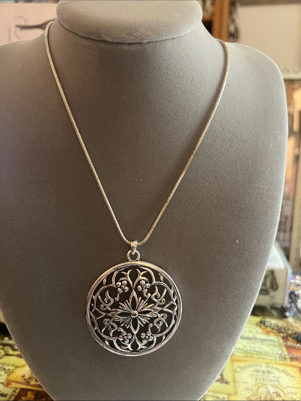 Adrienne Vittadini Silver-Tone Floral Filigree Medallion Necklace